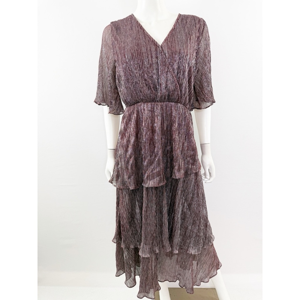 Ciebon Metallic ALANDREA Tiered Maxi Dress Size M V-Neck Short Sleeve Flowy Glam